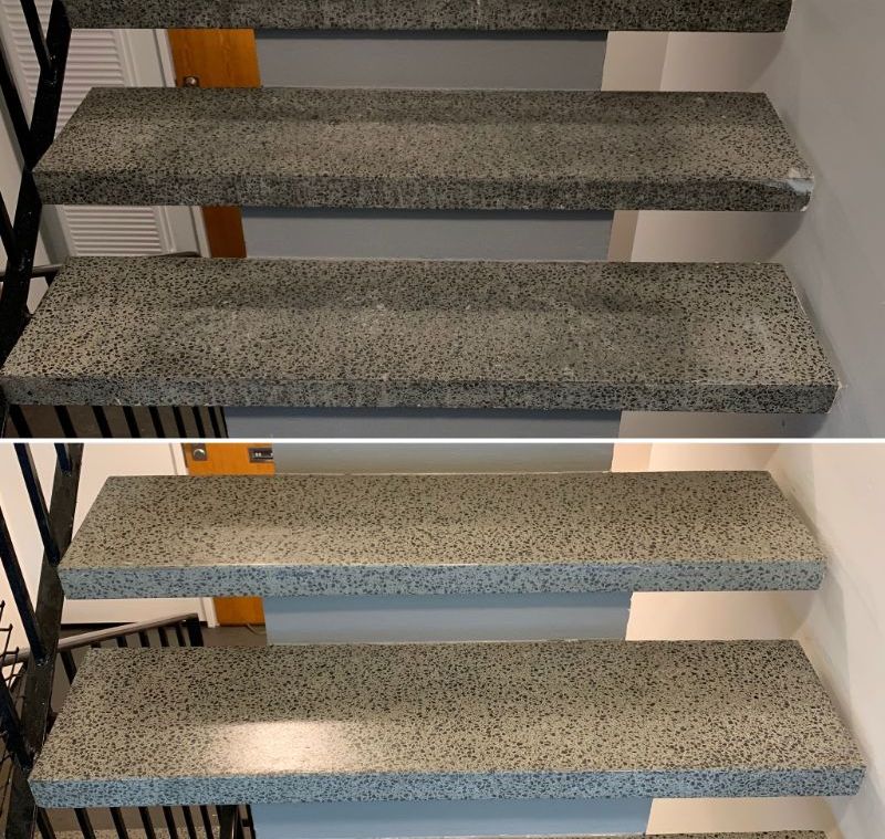 Ennen ja jälkeen hiotut mosaiikkibetoni portaat, mosaiikkibetonipinnan hionta, Turku